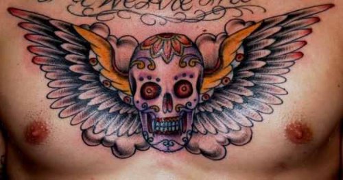 Winged Skull Angel Chest Tattoo